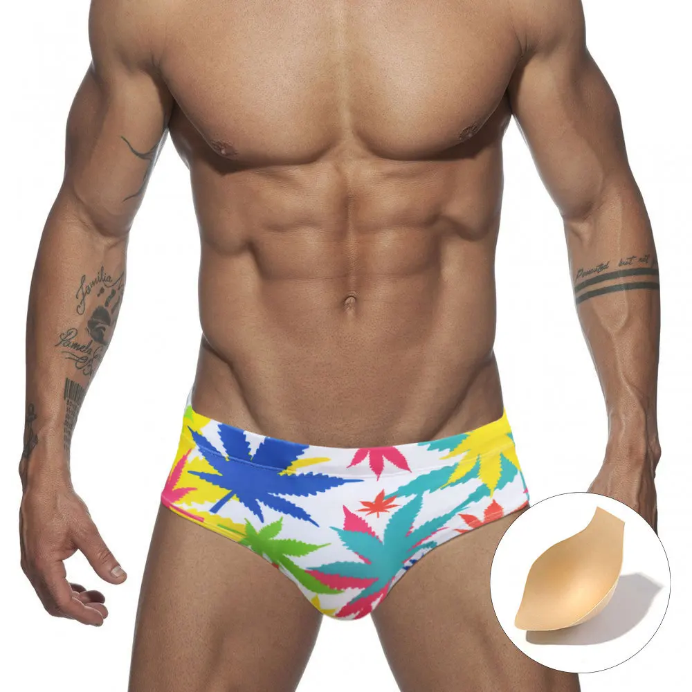 

Men's briefs white background colorful maple leaf print swimming pants fitness body with cup beach pants