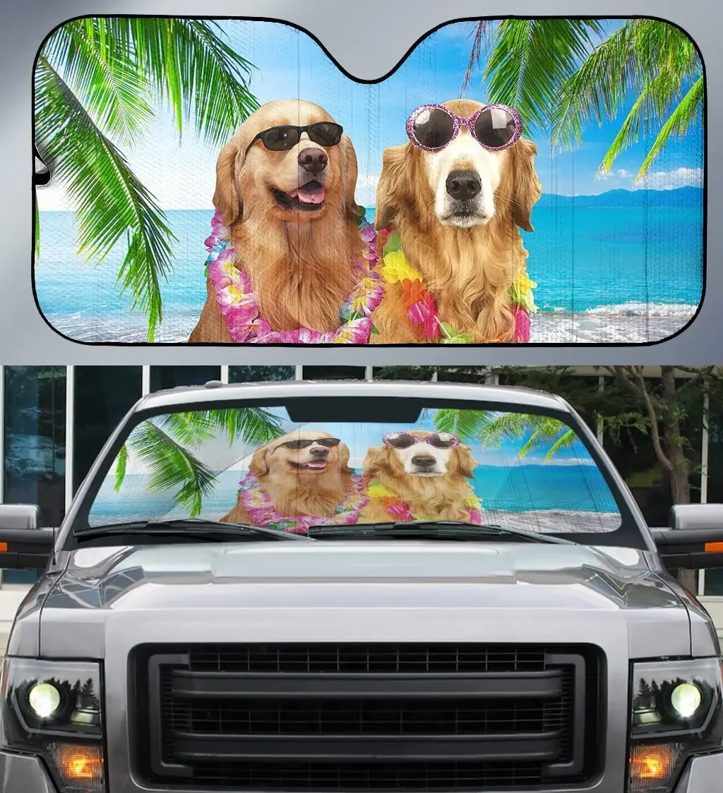 Hawaii Golden Retriever Dog in Summer Beach Coconut Tree Car Sunshade, Gift for Golden Retriever Lover, Hawaii Vibe Auto Sun Sha