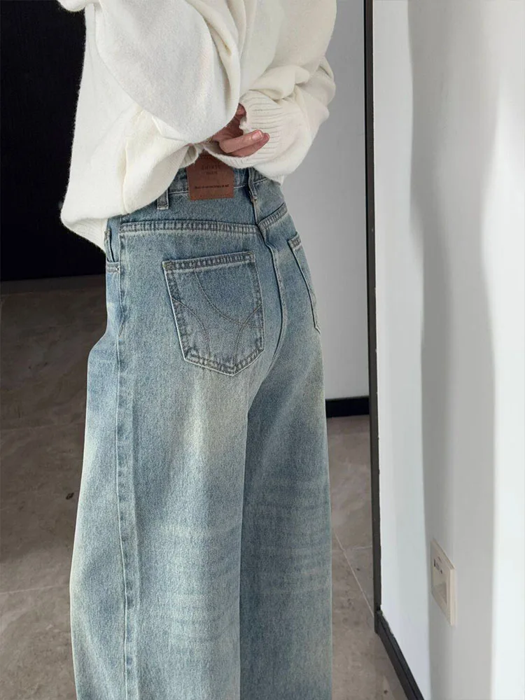 Retro Wash High Waist Slimming Narrow Version Wide Leg Jeans Women's Casual Style Embroidered Loose Straight Cut Denim Pants