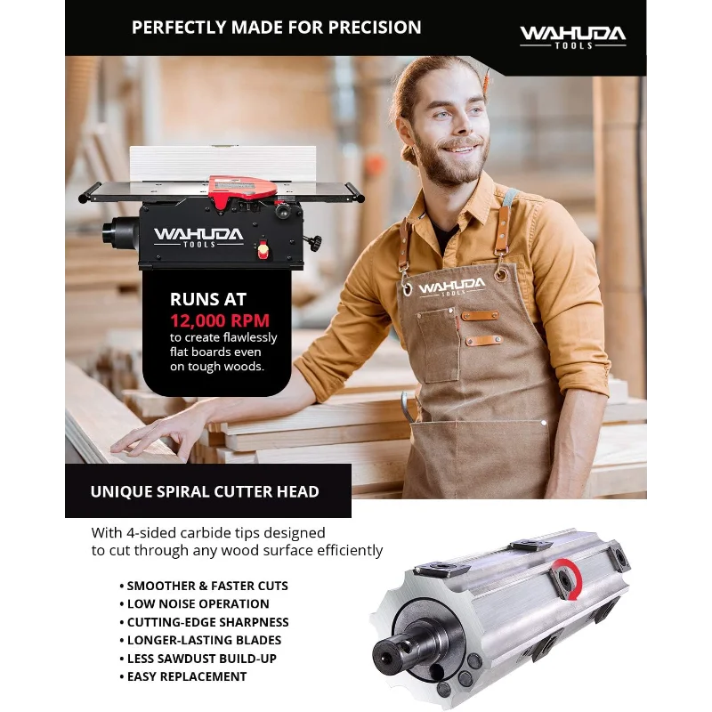 Jointer - Jointer de madeira de bancada de 8 polegadas, jointer portátil de cabeça de corte em espiral, mesas de ferro fundido com extensões extraíveis, 4 lados