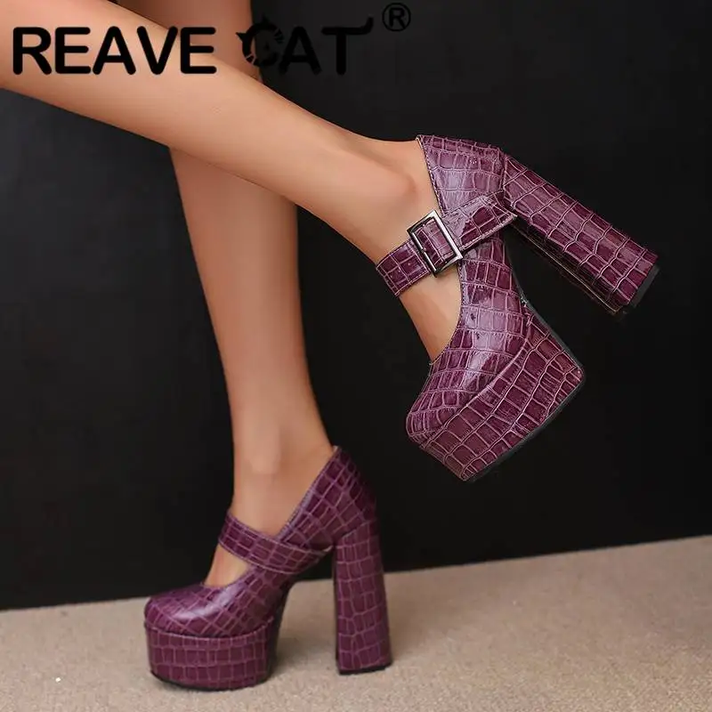 

REAVE CAT Brand Shoes Women Pumps Round Toe Ultrahigh Heels 14.5cm Platform Hill 4.5cm Buckle Strap Plaid Big Size 46 47 48 Sexy