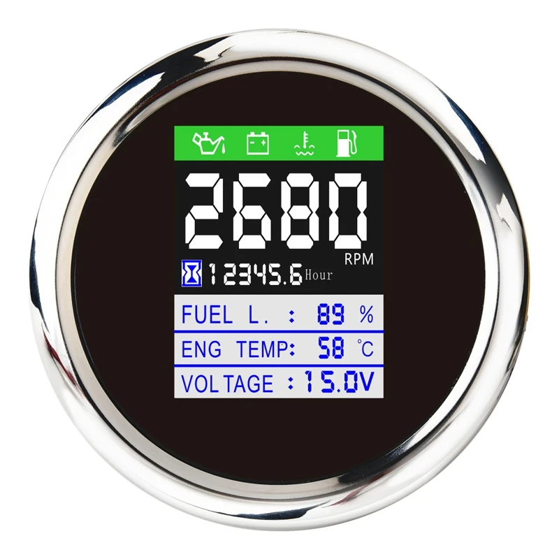 

85MM 6-In-1 Multi-Functional Digital Tachometer Fuel Level Water Temp Oil Pressure Gauge Voltmeter Hourmeter Alarm