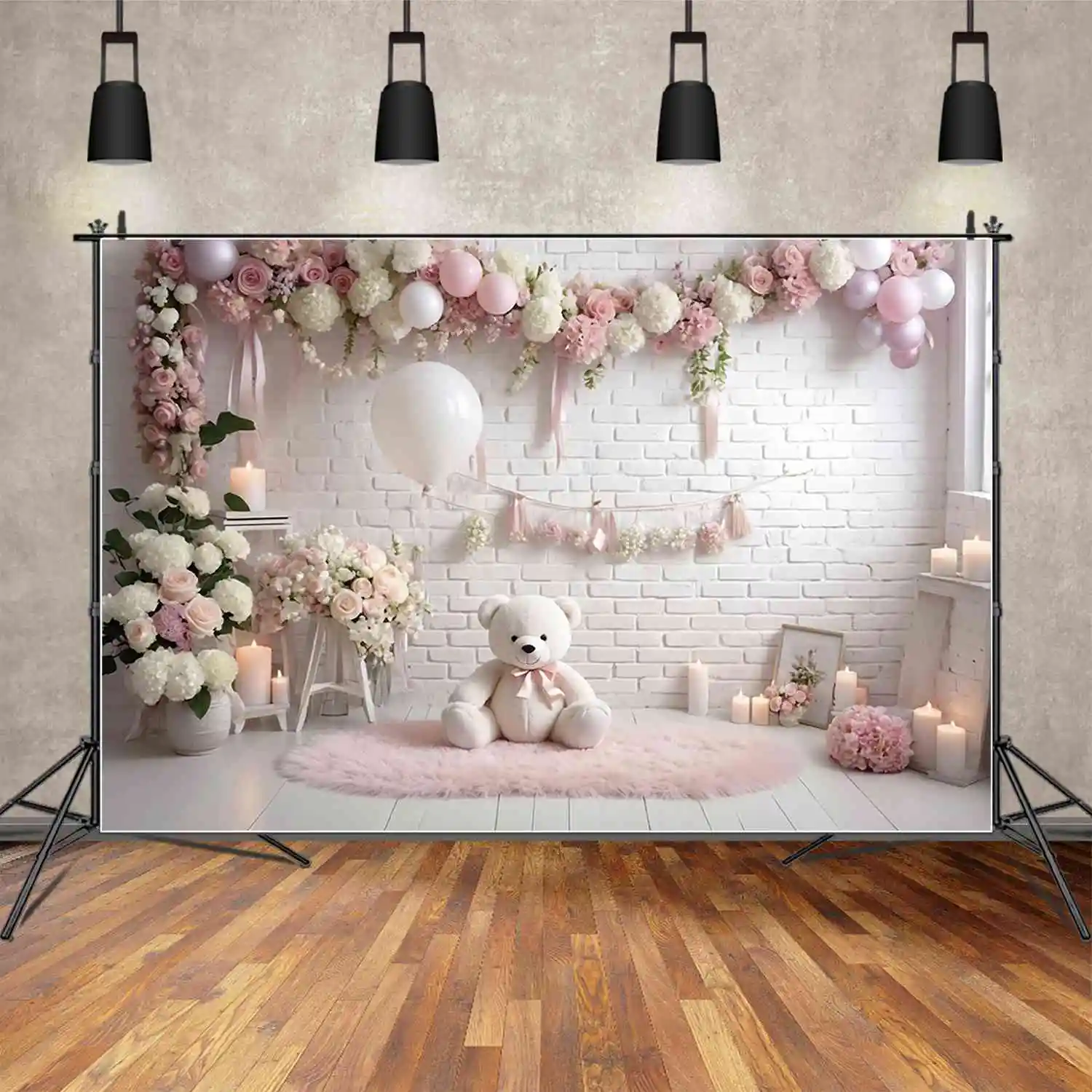 

MOON.QG Flower Indoor Birthday 1 Year Backdrops Boy Candle Teddy Bear Balloon Background Custom Party Decoration Photocall Props