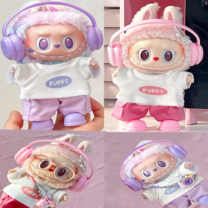 

Labubu Одежда для щенков с текстовым принтом, комплект из двух предметов, наушники и очки для модных прогулок, аксессуары Labubu