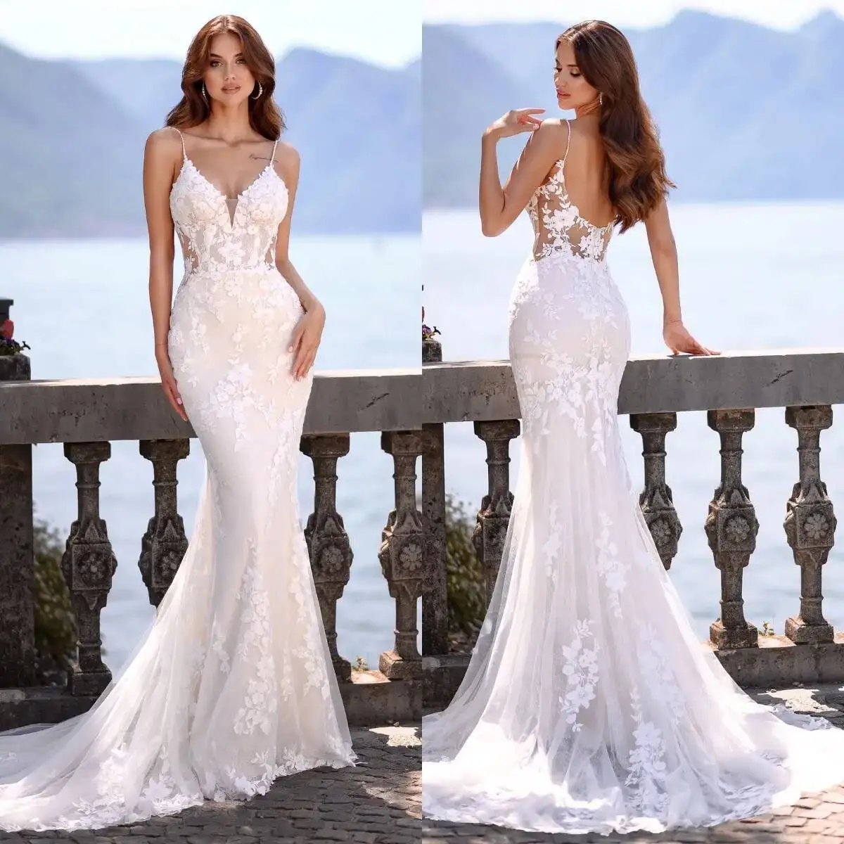 

Lace Beach Mermaid Dresses Bridal Gowns Sleeveless Spaghetti Wedding Dress Backless Sweep Train Robe De Mariee