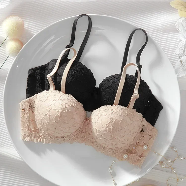 Thickened Underwear Women's Small Breasts Gather Together with Steel Rings Shaped Upper Support A Cup Flat Bra Double Bralette