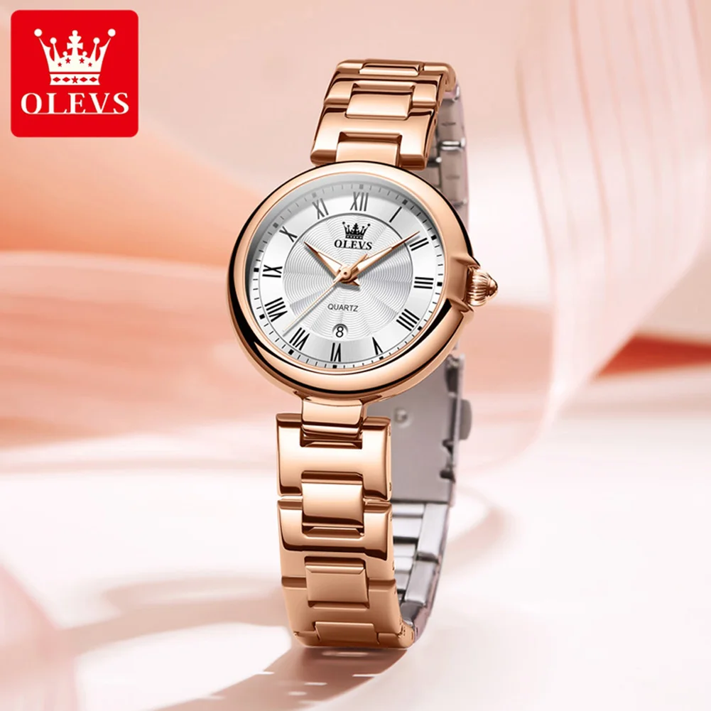 OLEVS Women Quartz Watch Fashion Rose Gold Stainless Steel Strap Waterproof Analog Wristwatch with Calendar Reloj Hombre