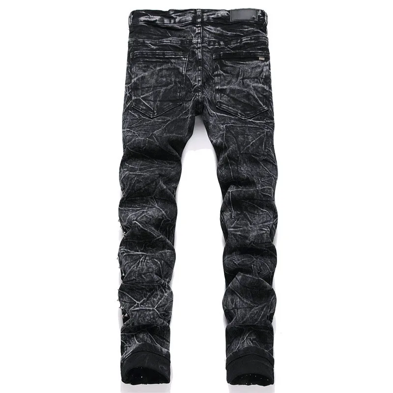 Hip Hop Rivet Black Casual Jeans Pants Punk Style Streetwear Denim Trousers For Male Hi Street