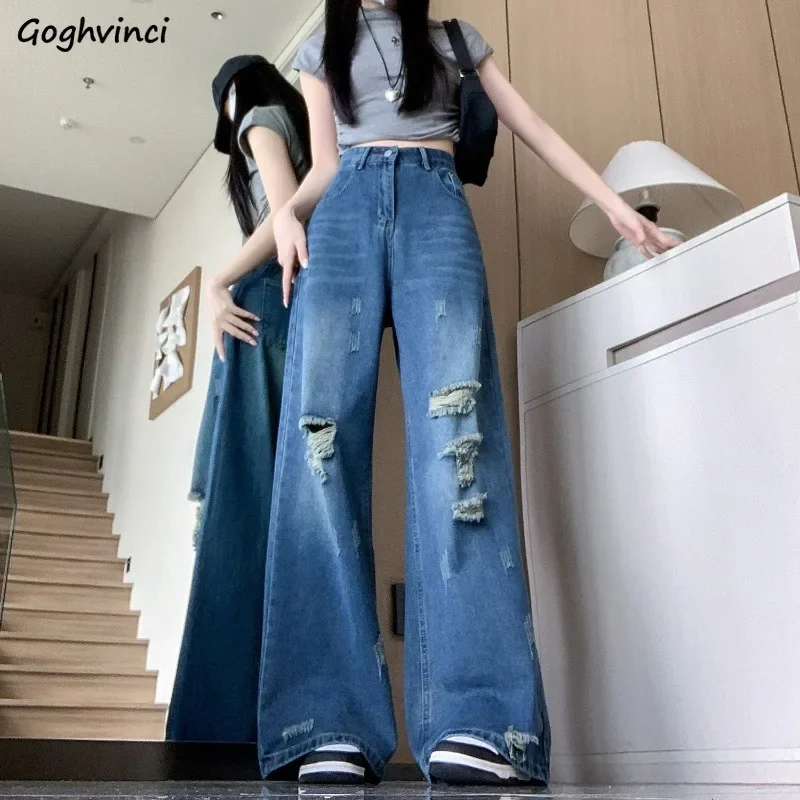 

Jeans Women Washed American Vintage Hole Design Chic High Waist Korean Fashion Prevalent Ins Wide Leg Trousers Autumn Streetwear