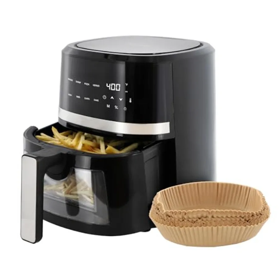 

4 Quart Digital LED Display Electric Air Fryer with Transparent Window in Black and Bonus 125 Piece Paper Liners