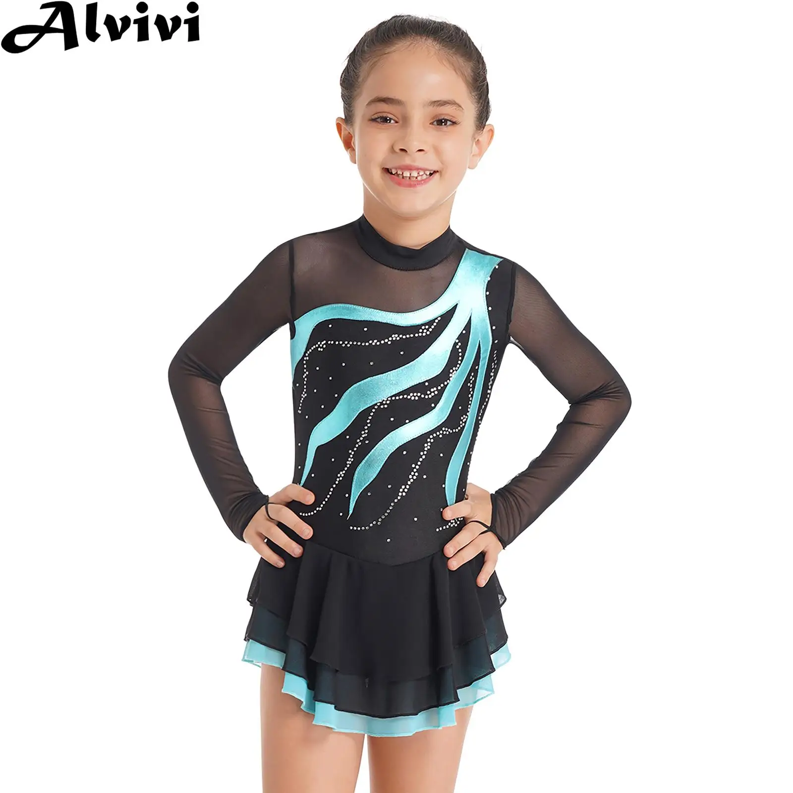 

Girls Figure Ice Skating Clothes Ballet Tutu Dance Gymnastics Leotard Dress Long Sleeve Shiny Rhinestone Sheer Mesh Dancewear