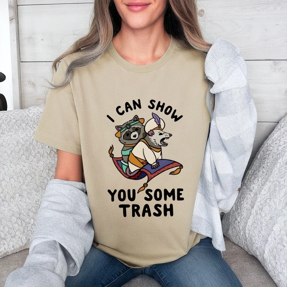 I Can Show You Some Trash T-shirt in cotone con grafica Divertente cartone animato Procione Opossum Top Tee Camicia girocollo casual per Wemen Uomini Bambini