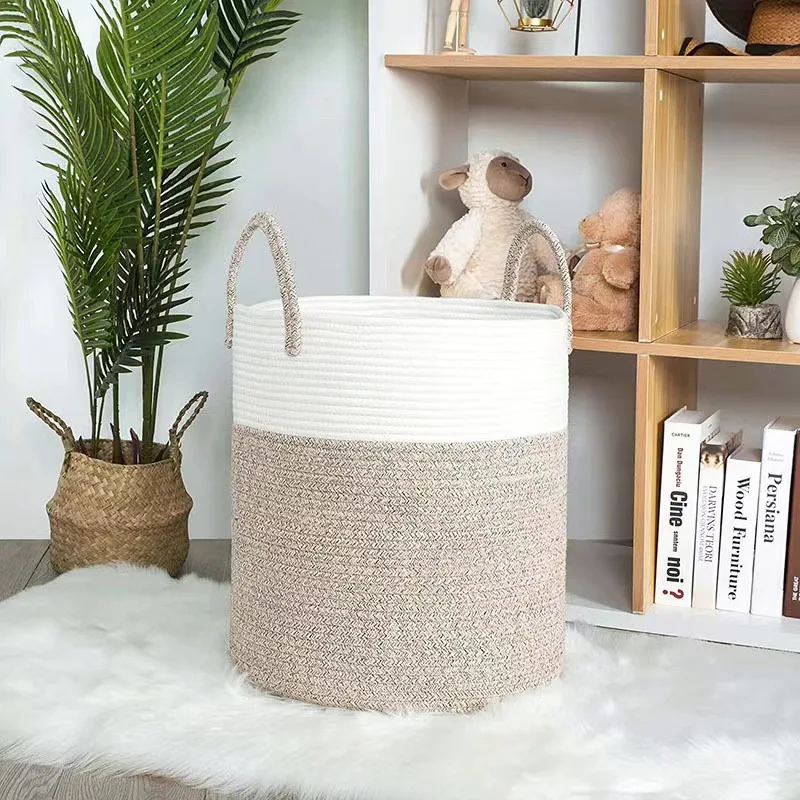 Laundry Basket,Woven Cotton Rope Laundry Hamper,Decor Storage of Dirty Clothes,Toys and Blankets in Bathroom,Baby Living Room