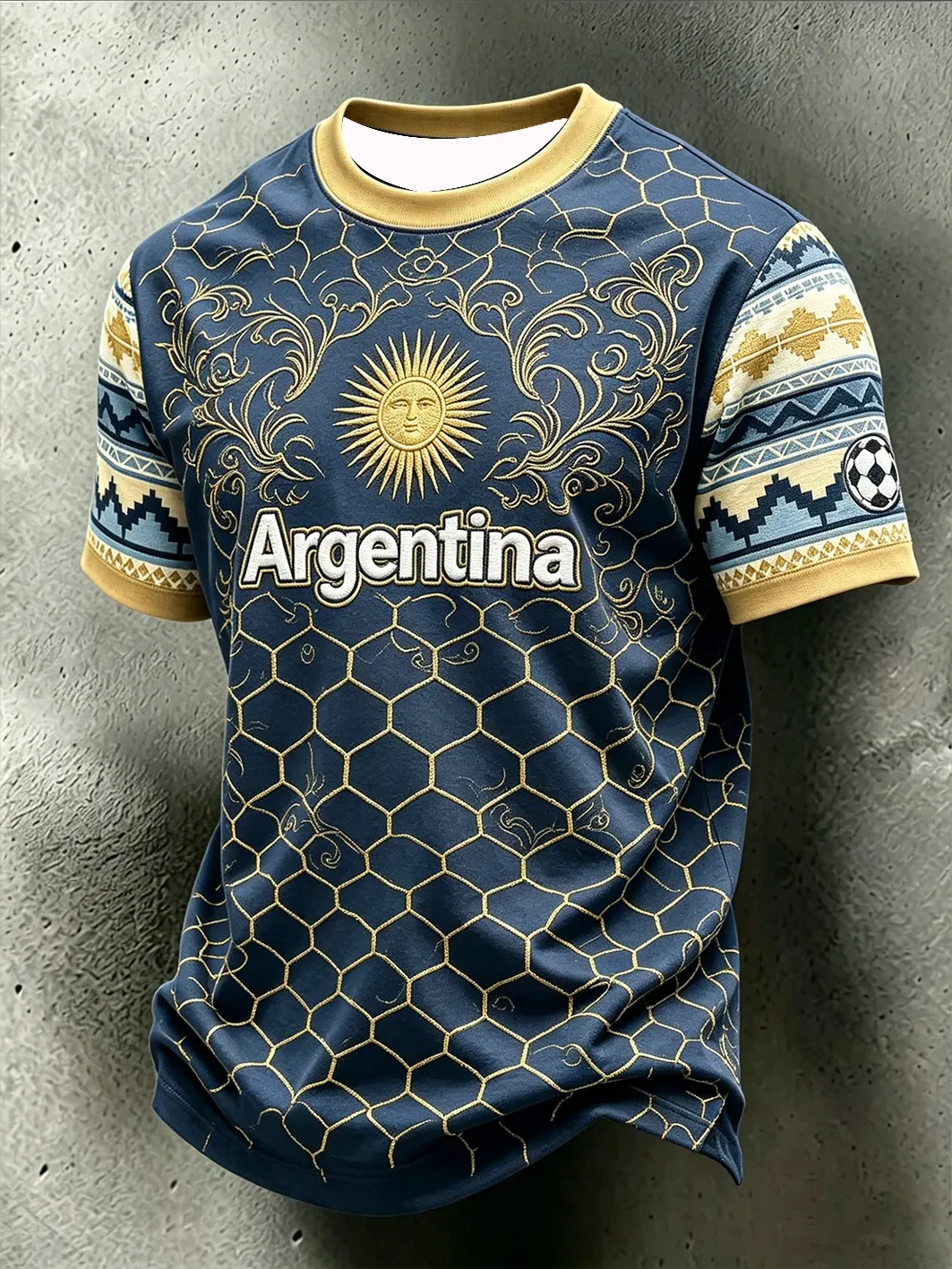 Family Matching Inspired Argentina National Symbol Football T-shirt Ethnic Geometric Pattern Gold Trim Collar Cuff Sport Tee