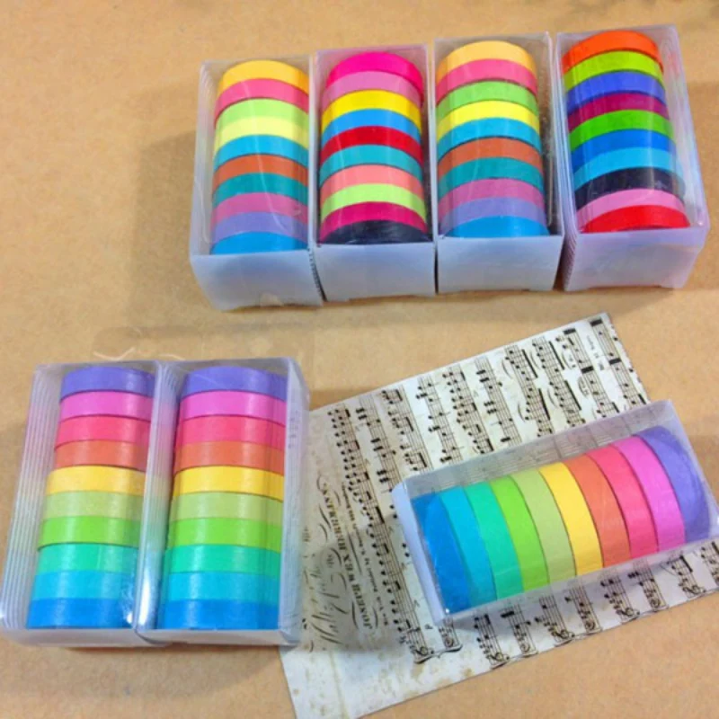 10PCS/box Rainbow Solid Color Japanese Masking Washi Sticky Paper Tape Adhesive Printing DIY Scrapbooking Deco Washi Lot Tape