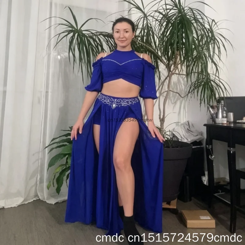 Adult 2Pcs Bellydance Outfit Women Gauze Top with Half Sleeves AB Rhinestone Split Skirt for Oriental Dance Performance