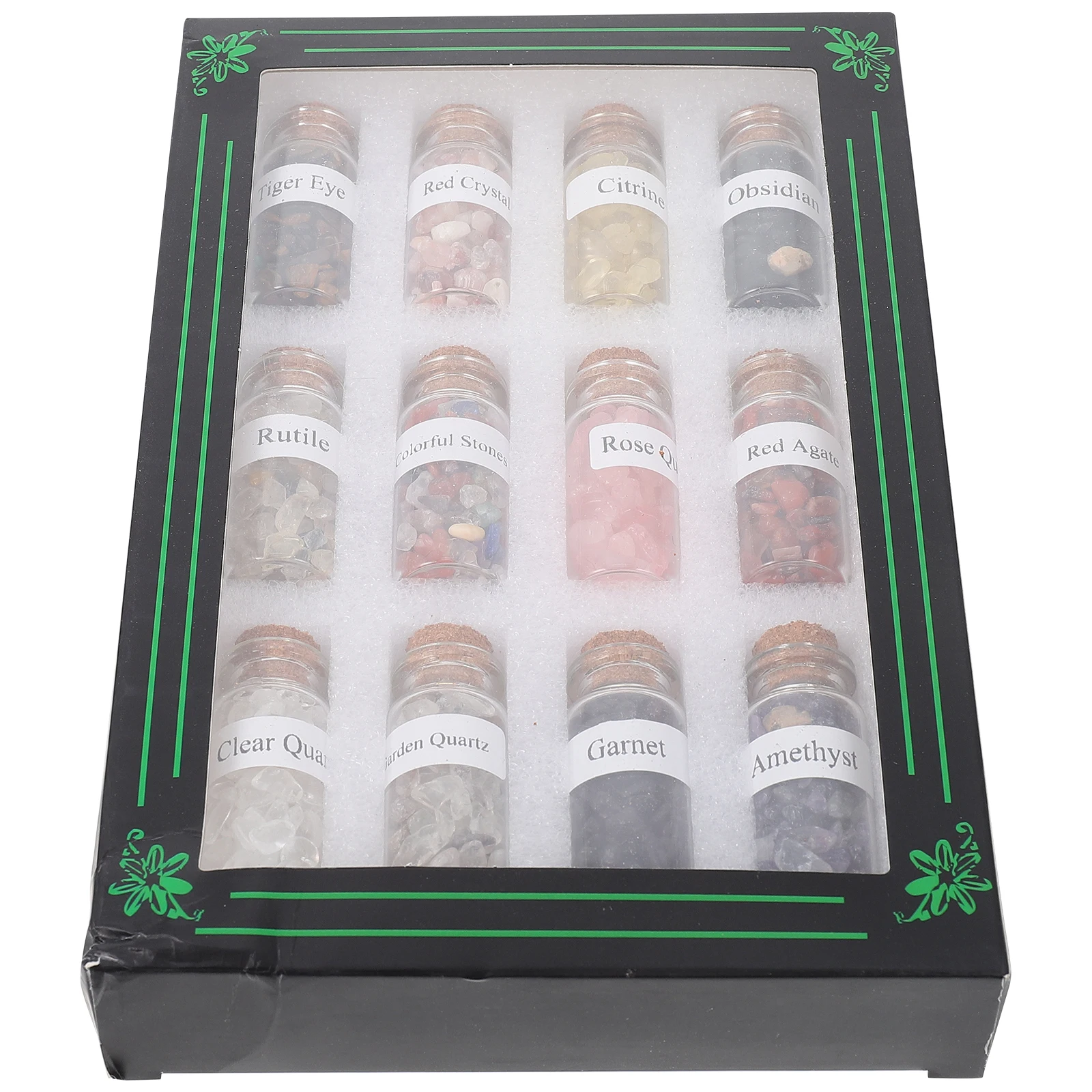

12pcs Natural Gemstone Mini Bottles Crystal Stones Assorted Colors Cork Stopper Wishing Bottle For Desktop Home Office Decor