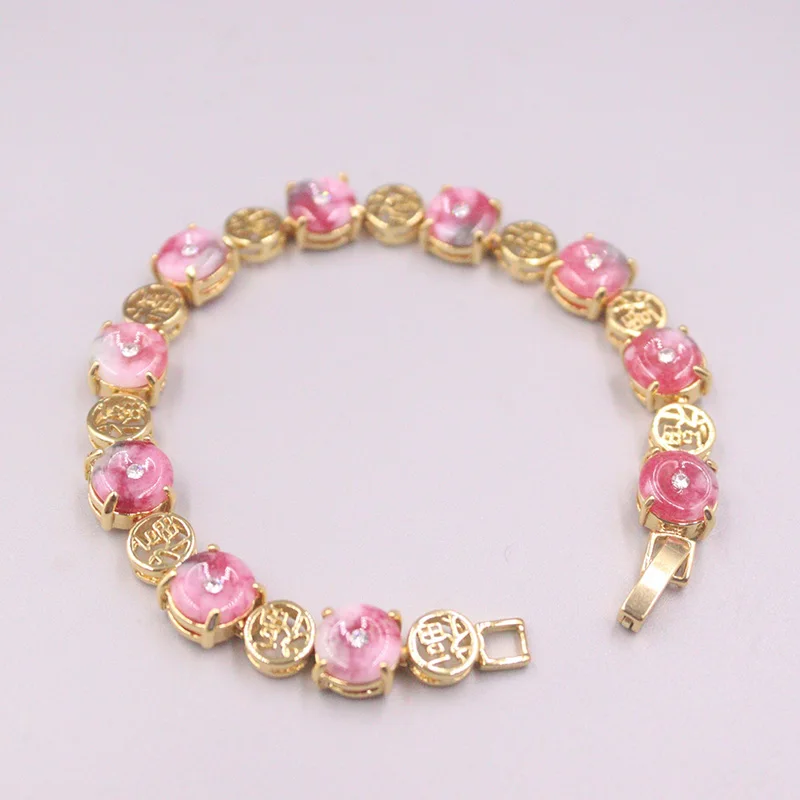 

Real Jade Gp Bracelet 18K Gold Plated For Women Zircon Shiny Heating Jade Female's Pink Stone Gold Circle Bracelets 18.5cmL