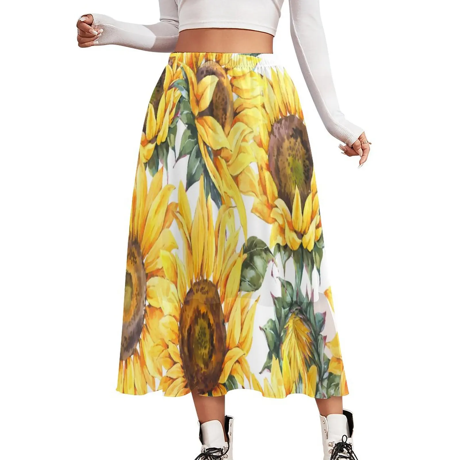 

Watercolor Sunflower Skirt Women Yellow Floral Pirnt Elegant Boho Skirts Custom Elastic Waist Harajuku A-line Skirt Big Size 3XL