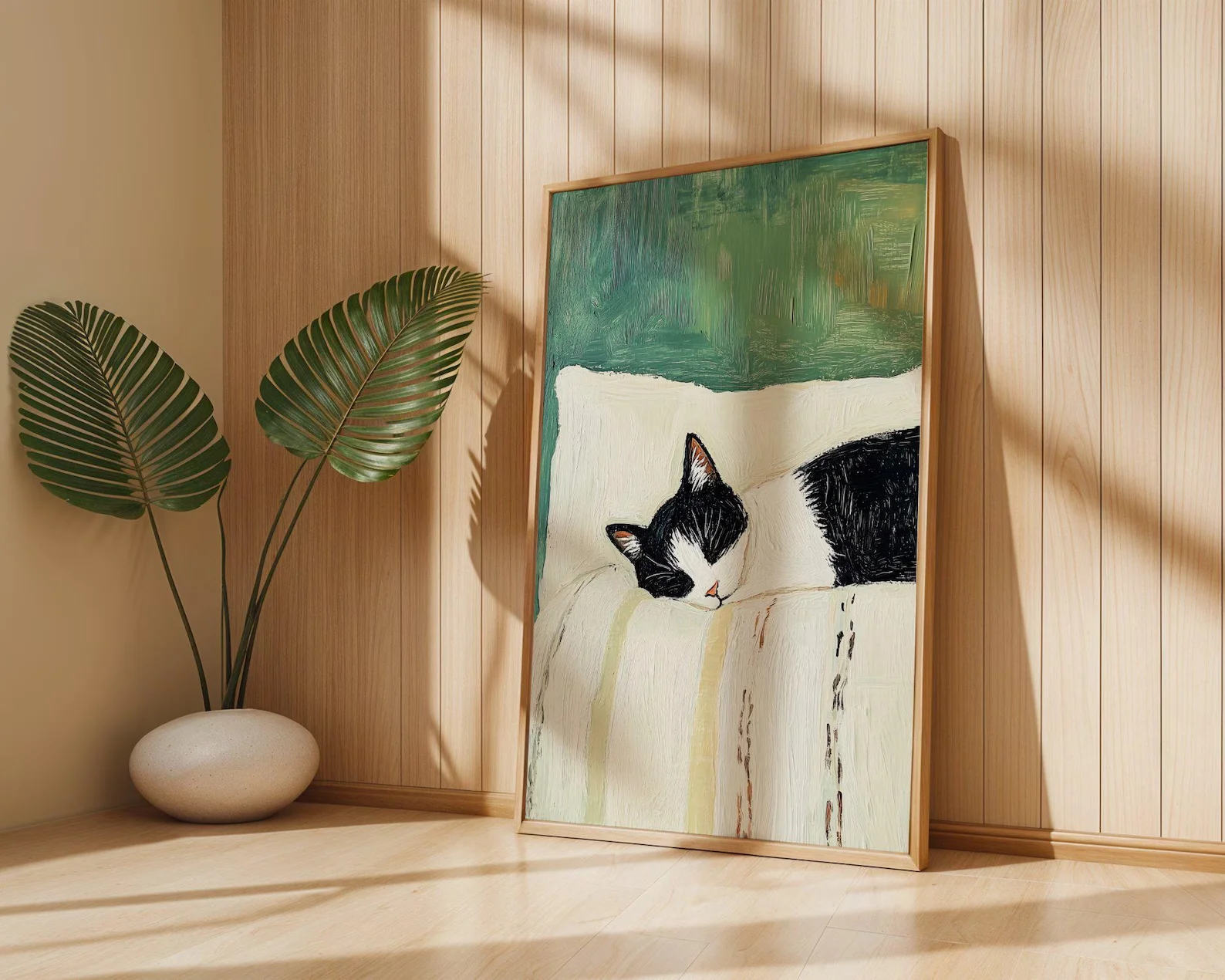 1pc (No frame),Cute Sleeping Tuxedo Cat Canvas Print, Minimalist Green & Beige Cat Wall Art, Aesthetic Home Decor for Cat Lovers view 5