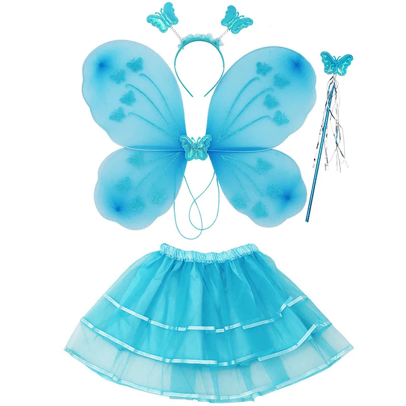 Girl Performance RolePlay Butterflies Costumes Princess Fairy Wings Magic Wand Headband Skirt 4Pcs Halloween Cosplay Party Props