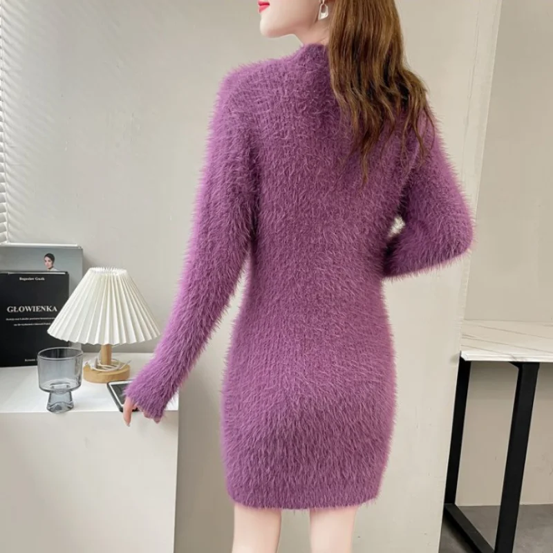 Women\'s Pullover Sweater Outside Wearing New Autumn Winter Imitation Mink Fleece Mid-Length Korean Long Knitted Base Shirt Dress