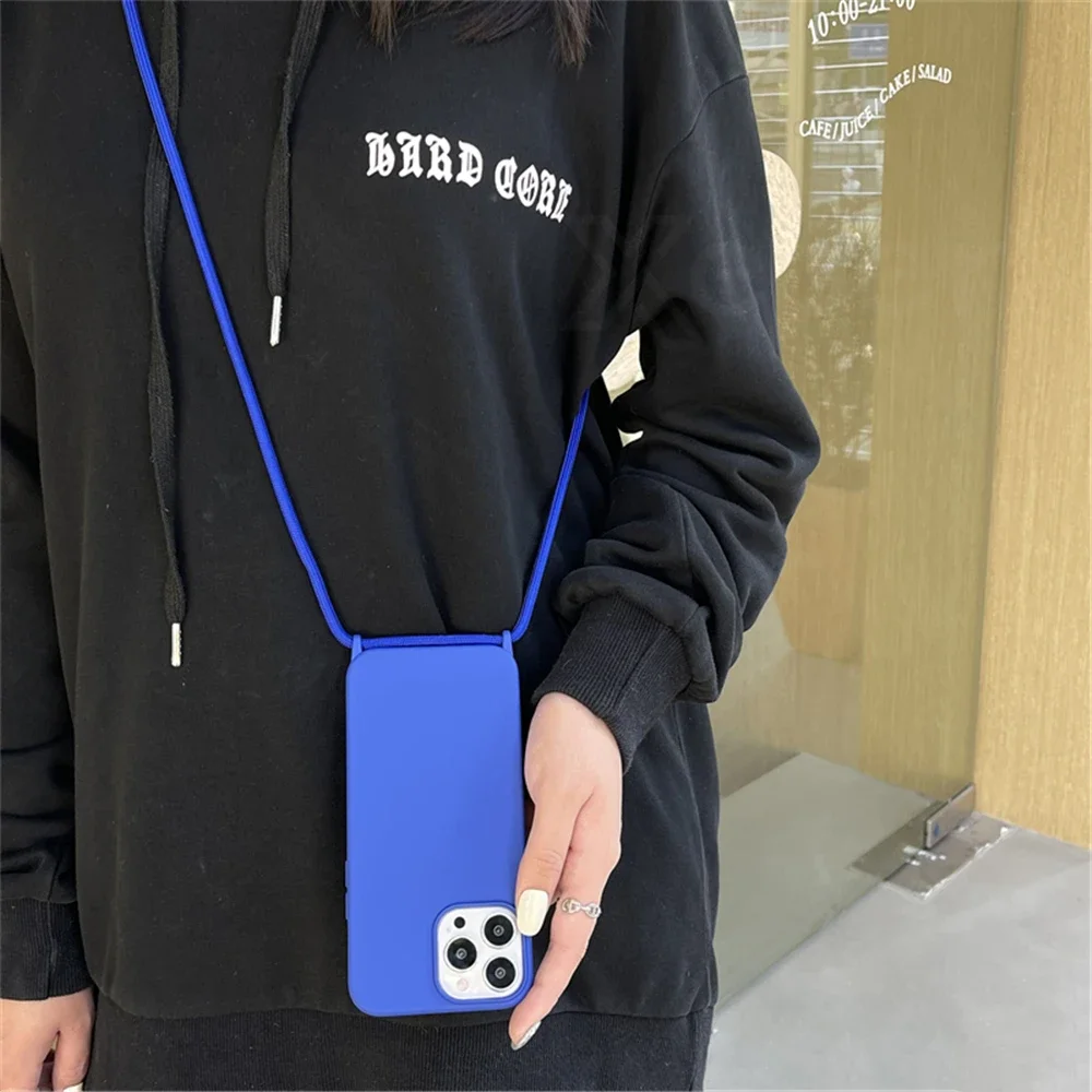 

Crossbody Lanyard Cord Liquid Silicone Case For iPhone 13 16 12 Mini 14 15 Pro Max X XS XR 7 8 Plus SE Necklace strap Soft Cover