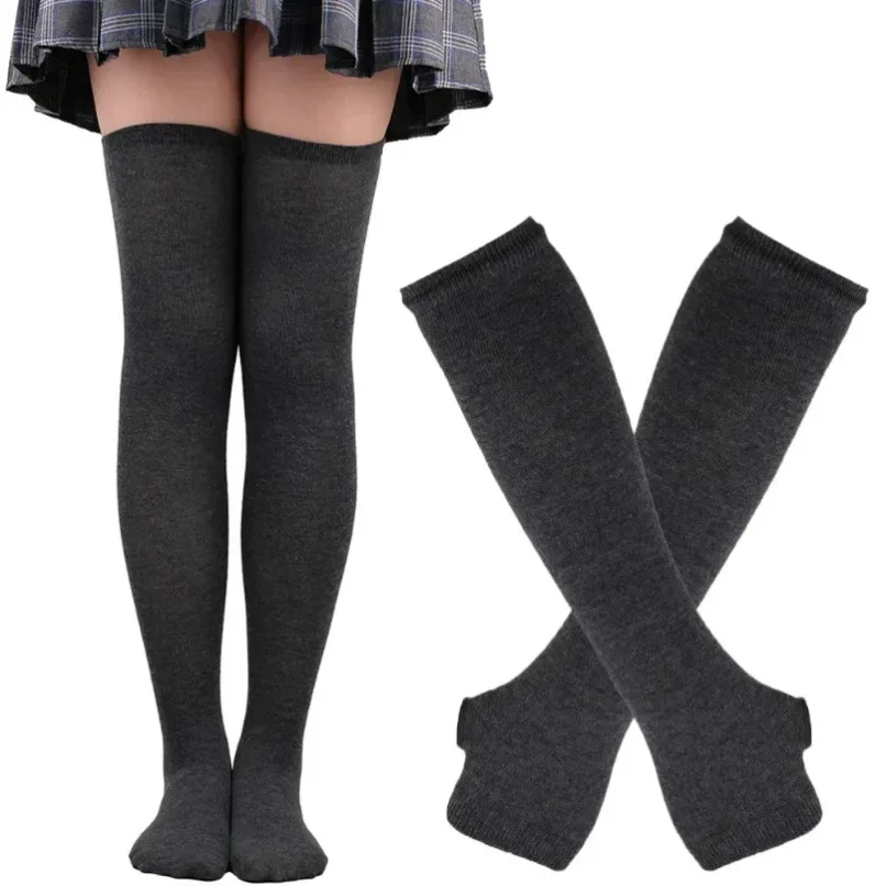 Kaos Kaki Panjang Wanita Bergaris Set Stoking Setinggi Paha Sarung Tangan Lengan Set Wanita Gadis Pink Hitam Putih Di Atas Lutut Lolita