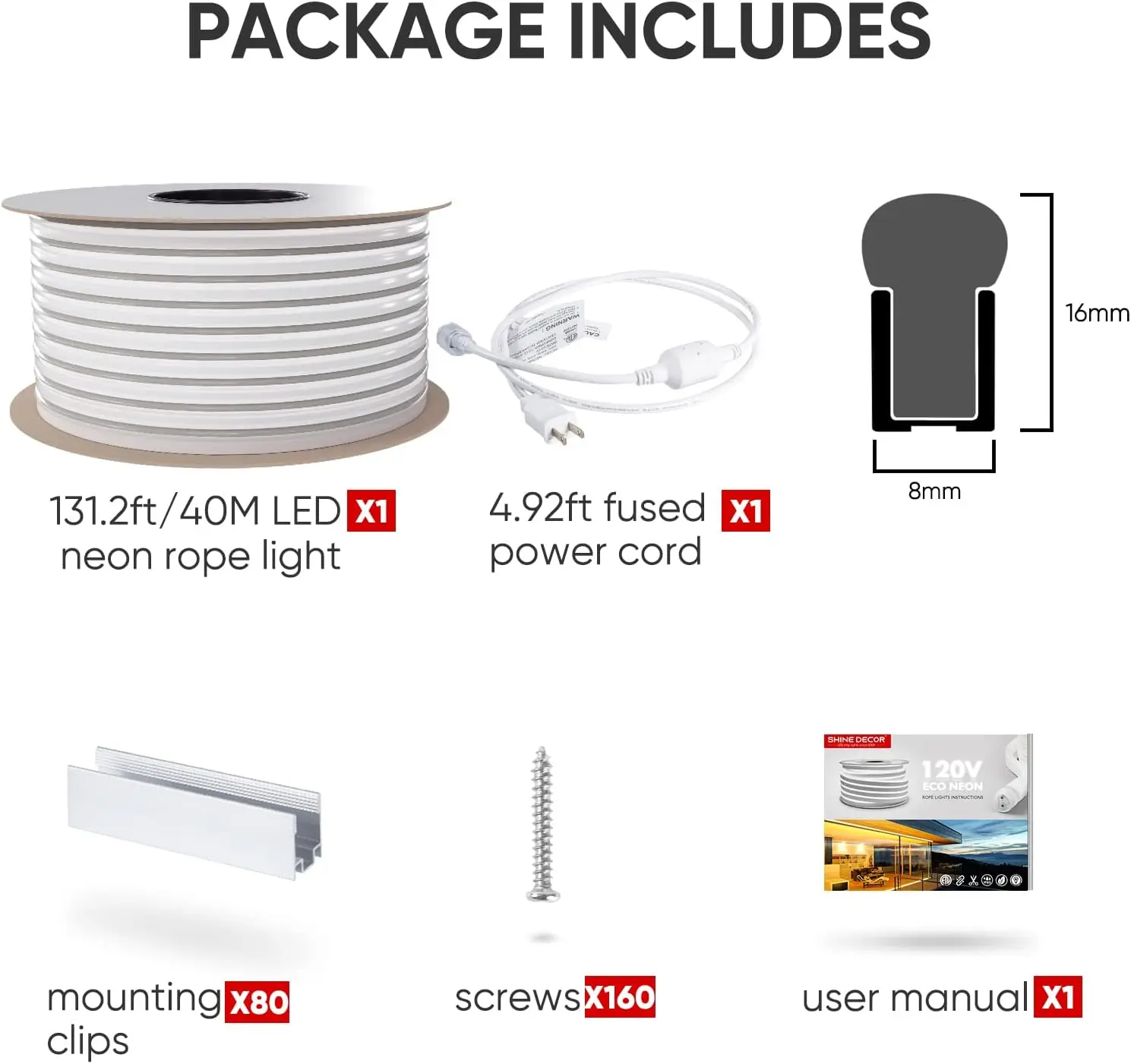 Neon Rope Lights Connectable, 131.2FT Flexible  110V 120V Neon LED Strip Lights(Warm White) Outdoor 40M ETL 120LEDs/M