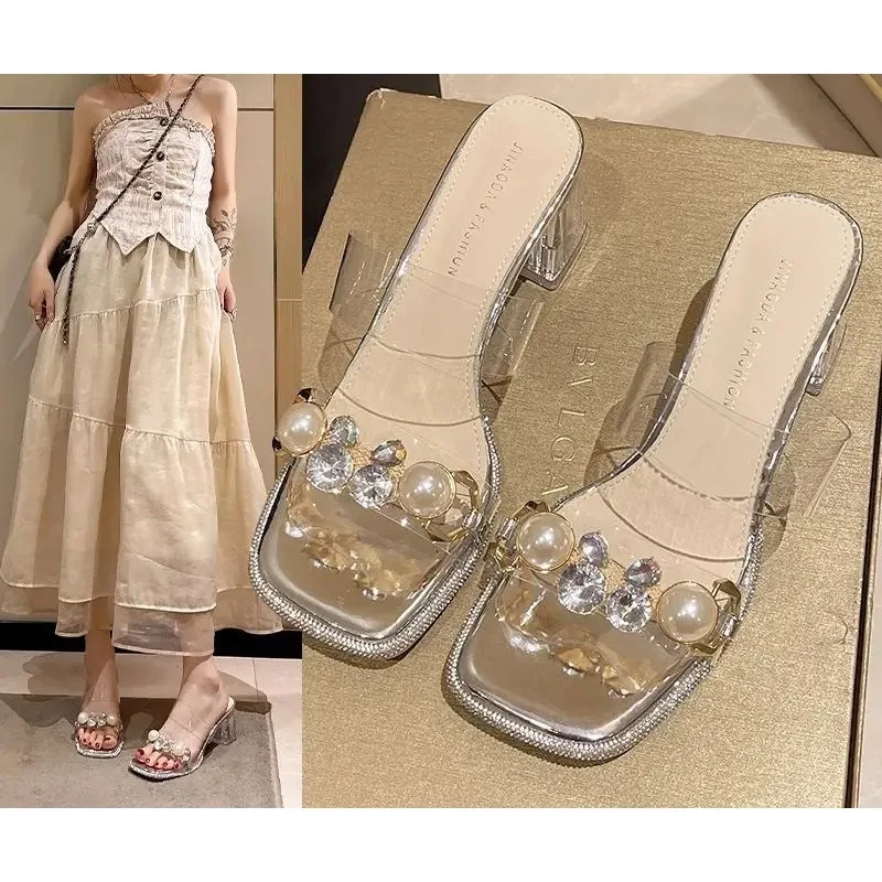 

2024 Fashion Transparent High Heels Casual Design Medium Heel Open-toe Flip-flop Pearl Rhinester Sandals