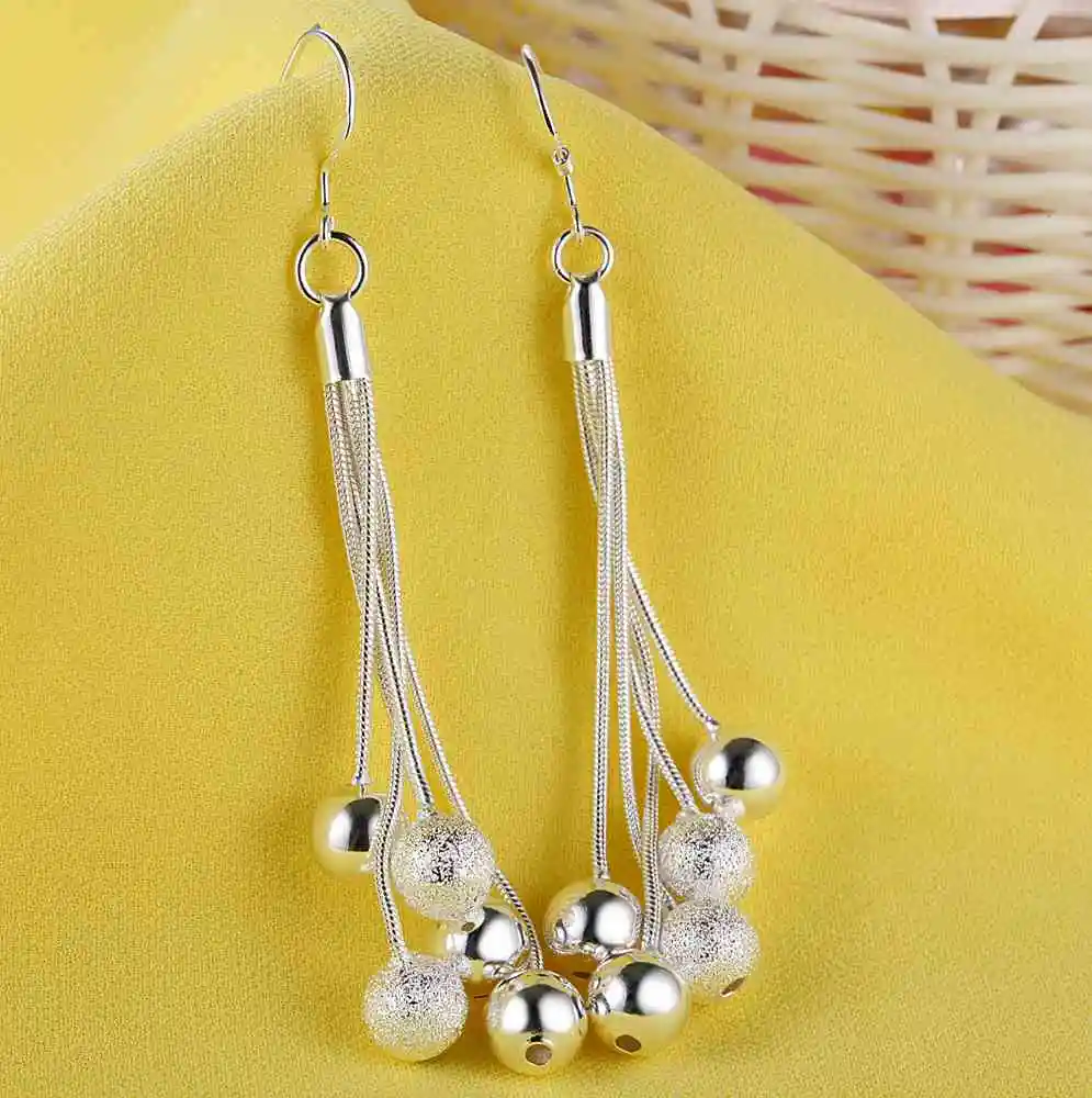 Hot 925 Sterling Silver Tassel hanging beads long Earrings for Women fashion party wedding noble Jewelry Holiday gifts