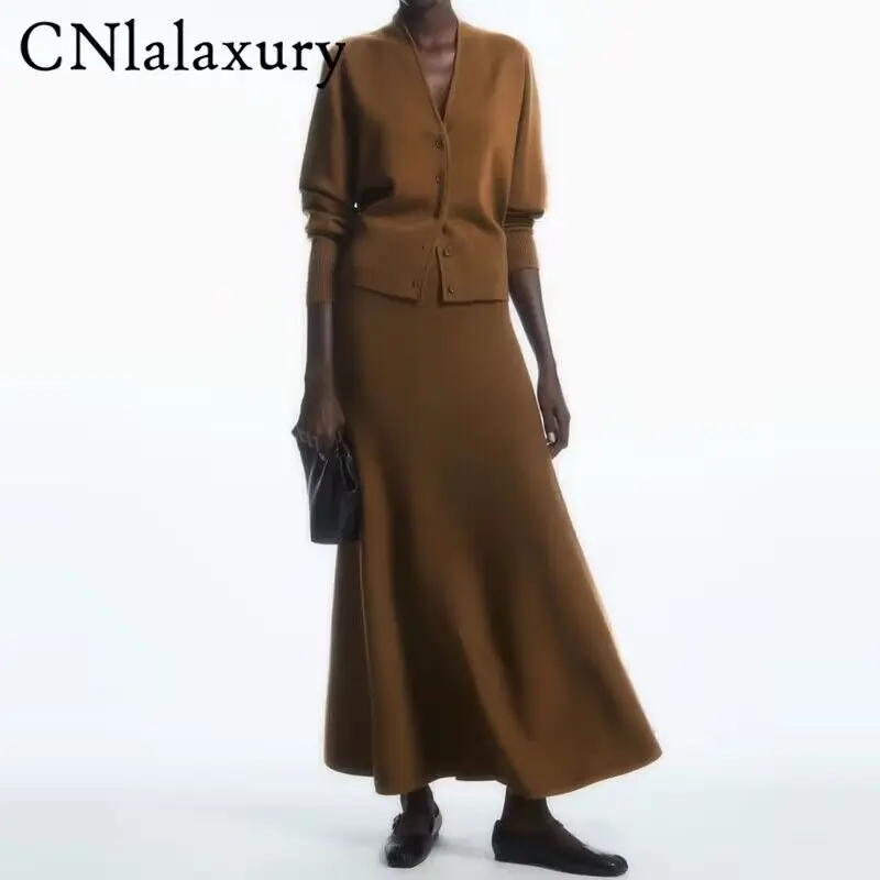 CNlalaxury Women 2023 New Fashion Casual Knitted Cardigan Retro Long Sleeve Chic V-Neck Button Mujer Top Elegant Sweater Skirt