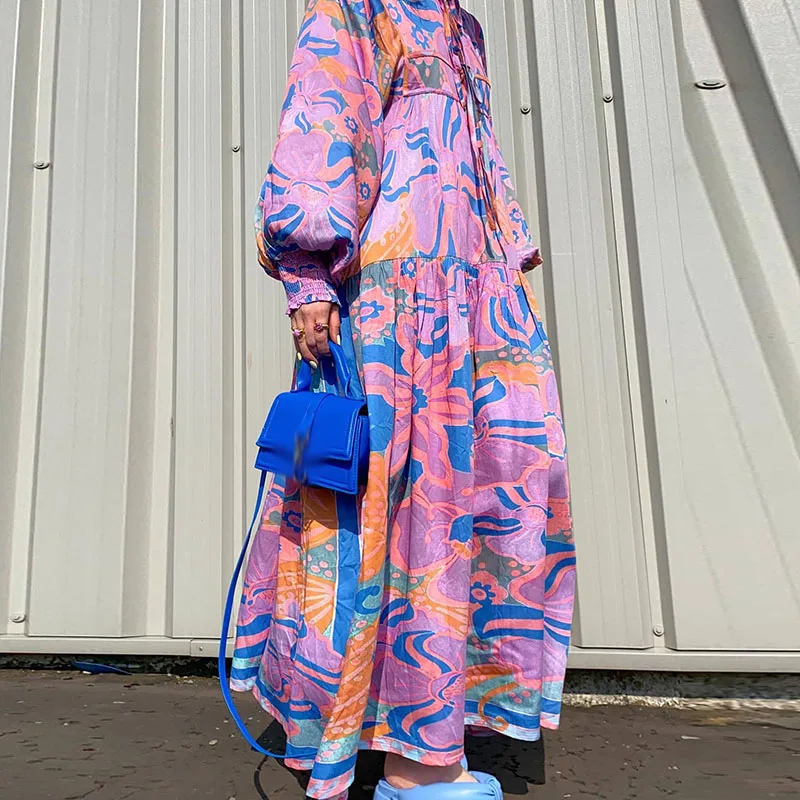 Damska Boho kwiatowy Print sznurowana sukienka Maxi Casual Vintage latarniowy rękaw luźna sukienka trapezowa moda jesienna wakacyjna plisowana