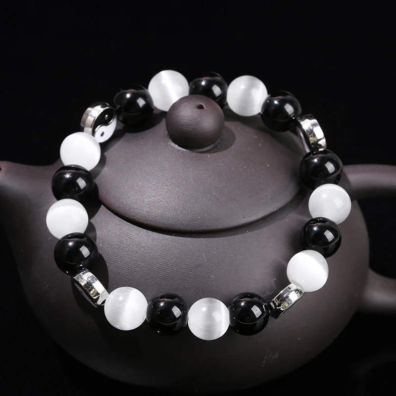 JD Natural Black Stone White Cat Eye Bead Yin Yang Tai Chi Balance Bracelets Women Men Lovers Yoga Lucky Wristhand Jewelry Gift