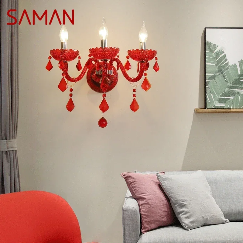 

SAMAN Red Wedding Crystal Wall Lamp European Style Candle Lamp Luxurious Living Room Restaurant Bedroom Villa Hotel