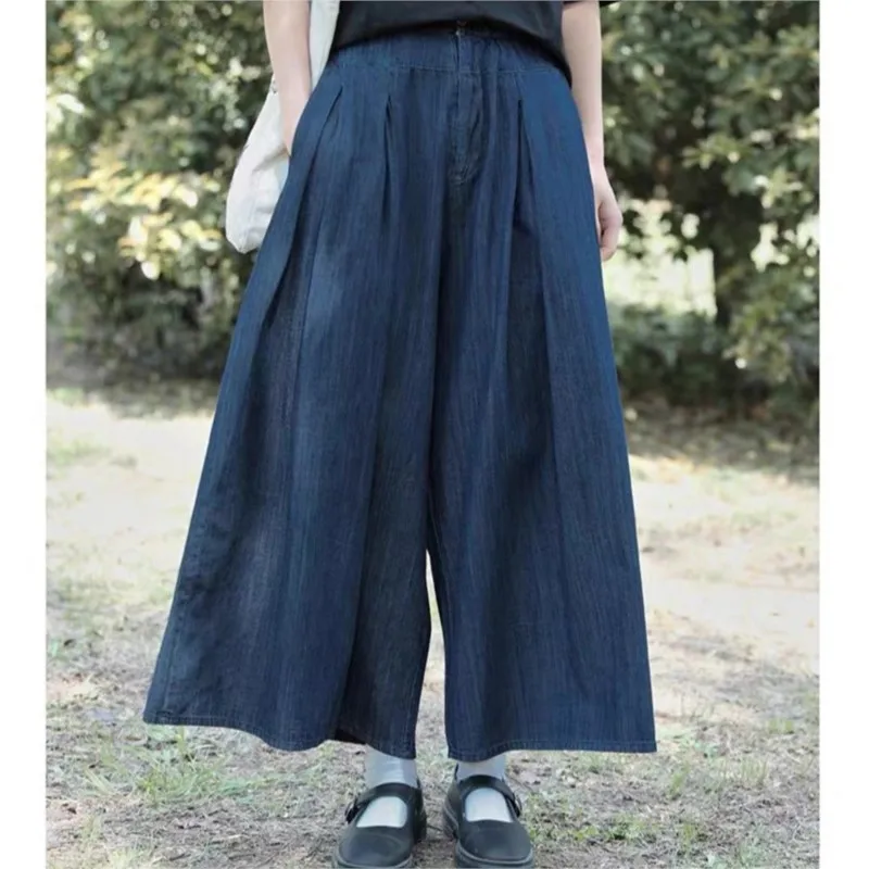 

Johnature Japanese Vintage Denim Wide-leg Culottes Women Loose Casual Cropped Pants 2024 Summer Autumn New Casaul Simple Pants