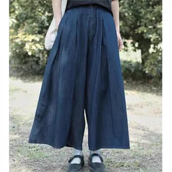 Johnature Japanese Vintage Denim Wide-leg Culottes Women Loose Casual Cropped Pants 2024 Summer Autumn New Casaul Simple Pants