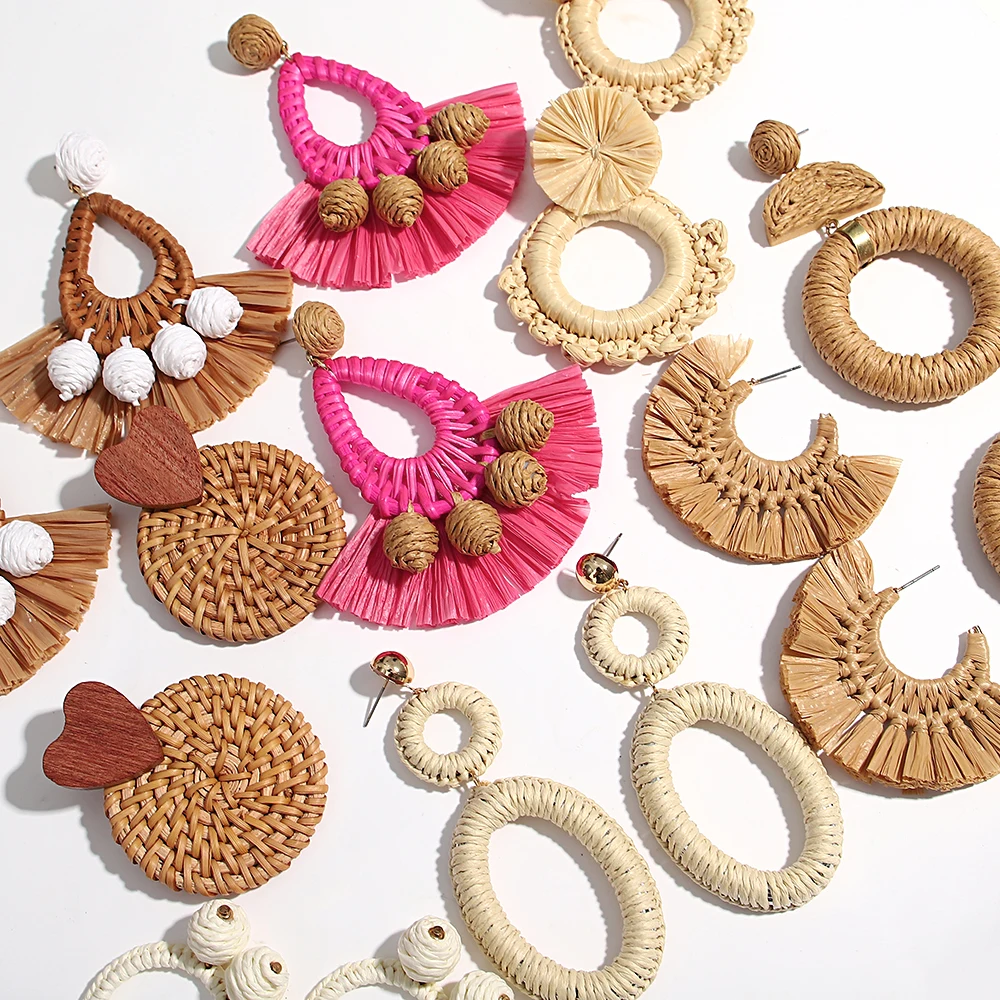 Lifefontier Retro Handmade Braided Raffia Beaded Geometric Drop Earrings For Women Summer Fan Shaped Wooden Earring Jewelry 2024