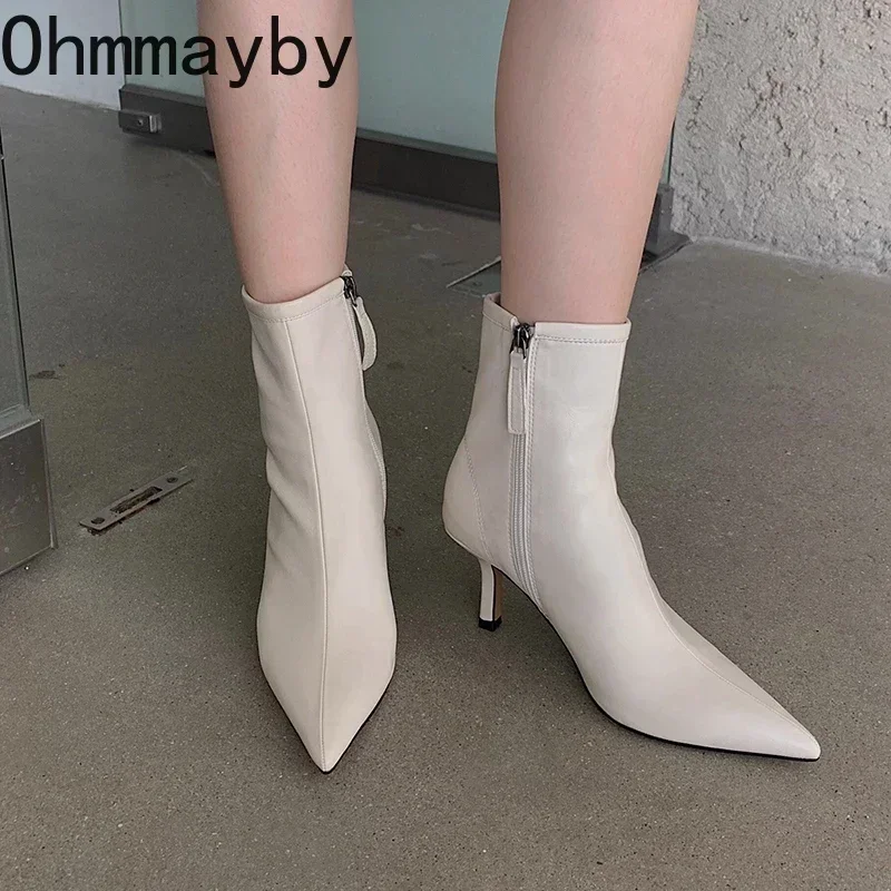 Pointed Toe Ankle Boots Women Fashion Side Zippers Short Boots Female Slim Thin High Heel Winter Women\'s Short Plush Footwear