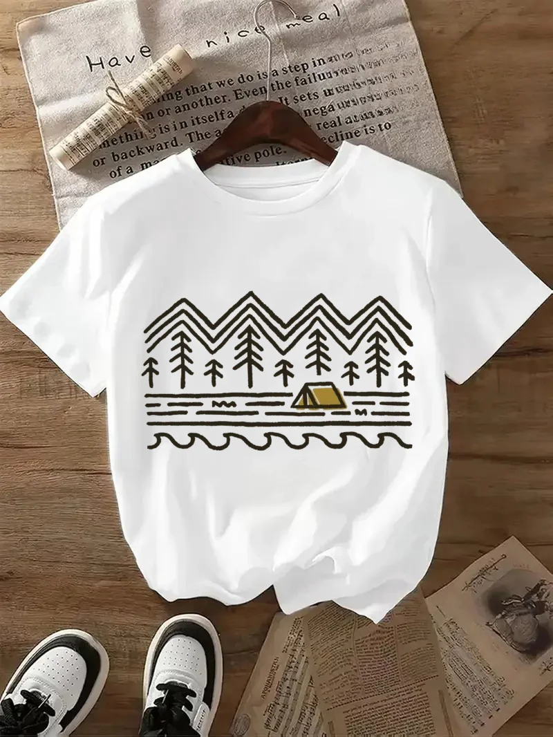 

Printed Fashion Simple Mountain Pattern T-Shirt Forest Tent Printed Casual Women's Short Sleeve Summer Versatile Top T-Shirt