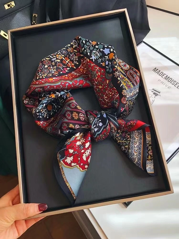 BYSIFA| New Grey Blue Silk Scarf Fashion Floral Design 70cm Square Scarves Fall Winter Neck Scarf Hijab Sweet Headband 65*65cm
