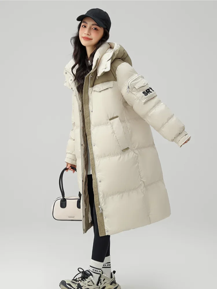 Women's Winter Coats White Duck Down Thickened Warm Splicing Color Collision Design Mid-Length Down Jacket Female Casual Jackets