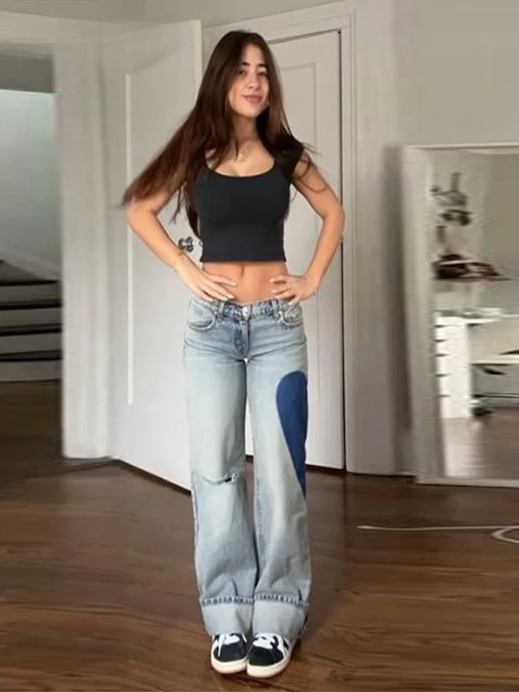 ストリート女性のハートプリントだぶだぶのジーンズルーズジッパーポケットハイウエスト女性のズボン春夏女性 Y2k ストリート