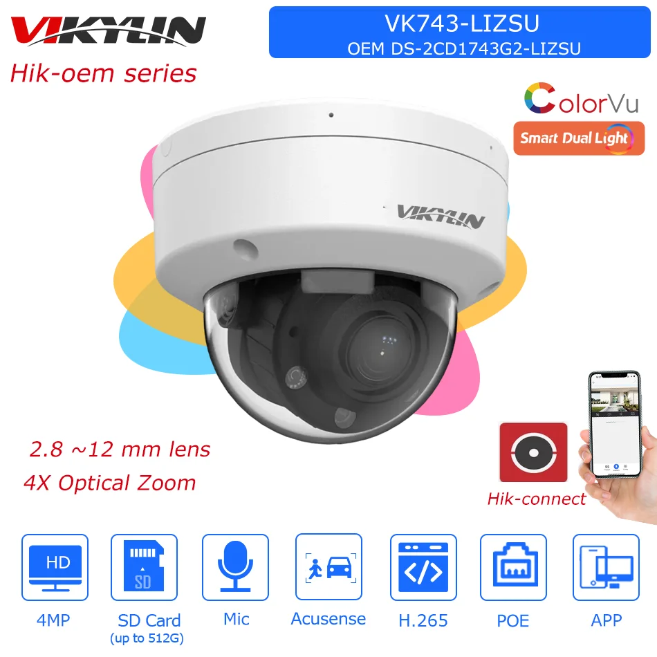 Hikvision OEM 4MP ColorVu Dual Light IP Camera DS-2CD1743G2-LIZSU 4X Zoom Built-in Mic SD Card slot Surveillance Network Camera