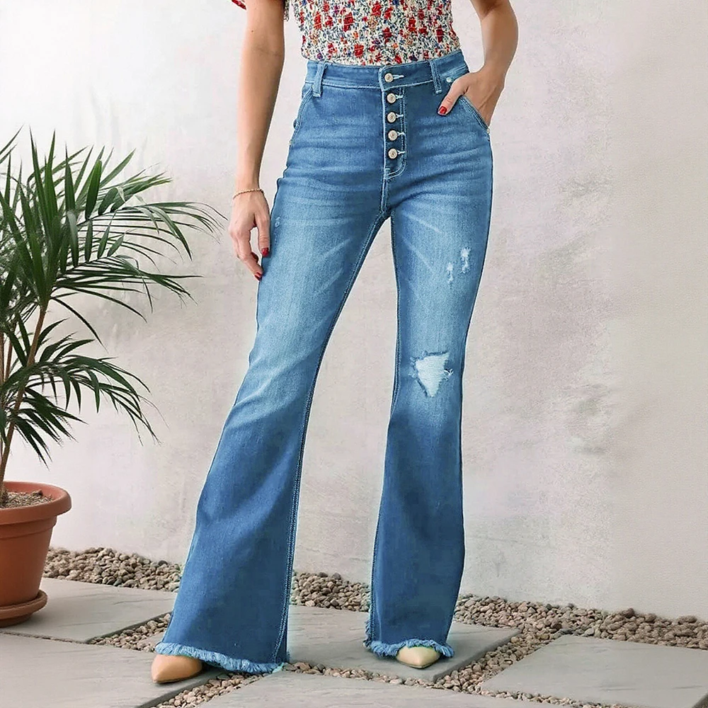 女性のハイウエスト リップド スリム フィット フレア ジーンズ エラスティック ウエスト ヨーロッパとアメリカのスタイル ファッション