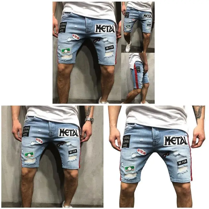 Best Sale Men\'s Denim Pant Shorts Hot Jeans Embroidery Hole Slim Fit Casual Hiking Sport Fashion Half Pants For Summer