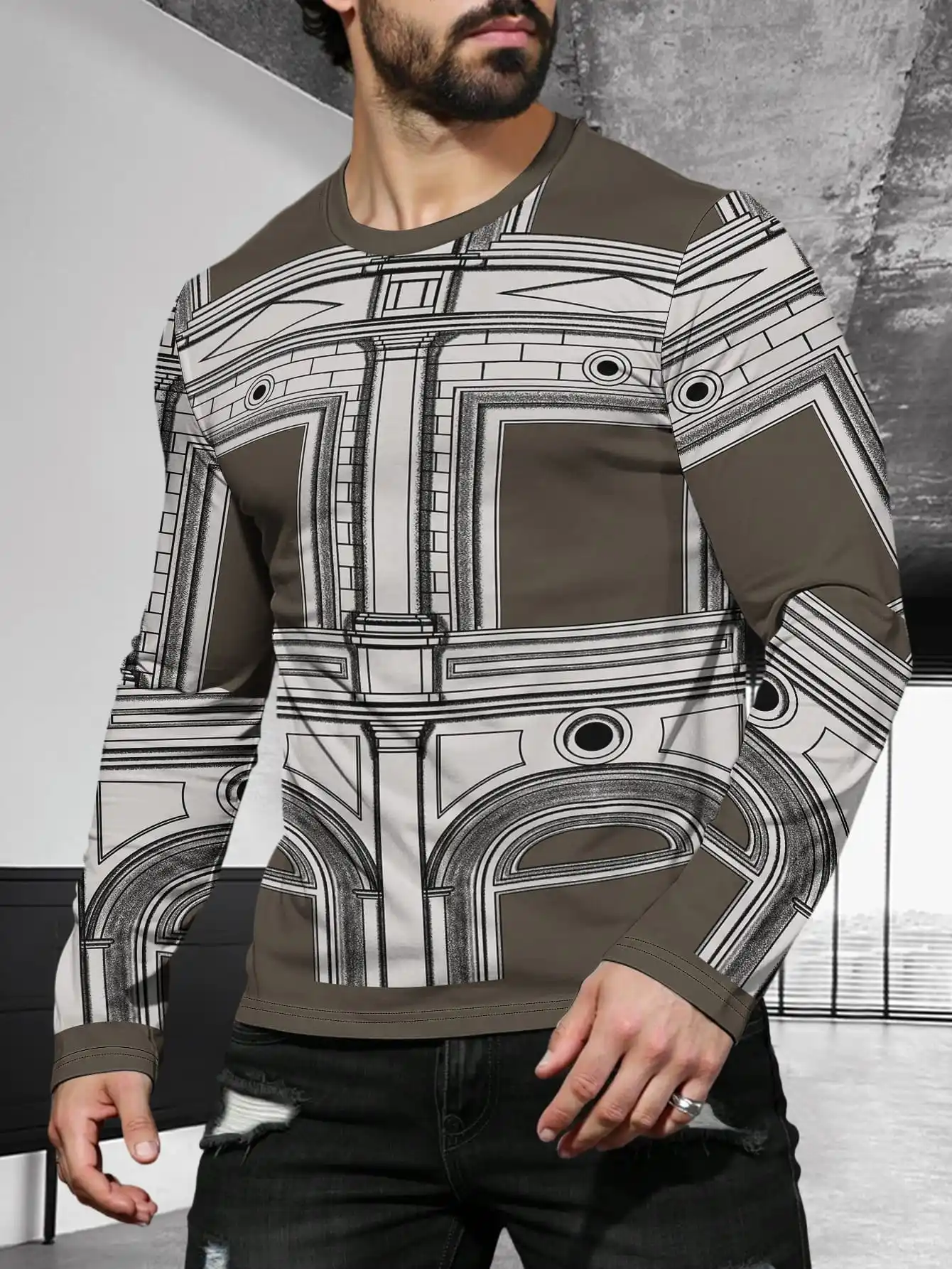 

Fashion 3D Print T Shirt For Men Geometry Graphic Tee Handsome Casual Long Sleeve Line Graffiti Spring And Summer Stylish