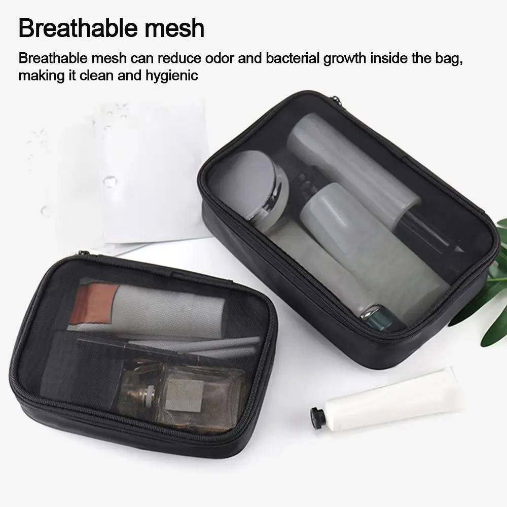 Women Makeup Bag Women Solid Color Zipper Cosmetic Bag Mesh Transparent Casual Travel Portable Mini Wash Storage Bags