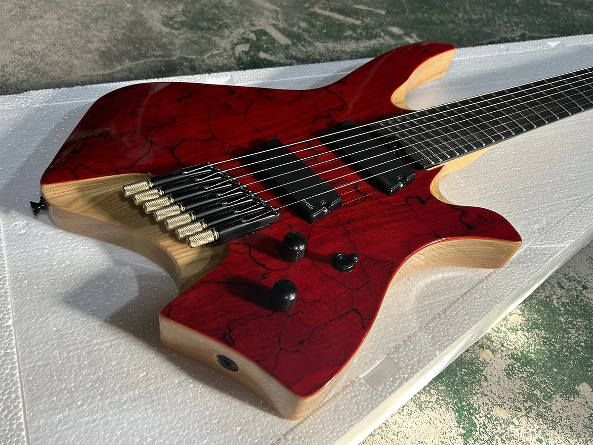 High Quality Headless Fanned Frets Green&Red 7 Strings Electric Guitar Spalted Maple Veneer Ash Body Factory Customizable