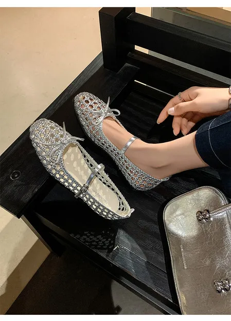 صنادل كاجوال نسائية منسوجة يدويًا من ماري جين بتصميم مجوف عتيق مع عقدة على شكل فيونكة سهلة الارتداء